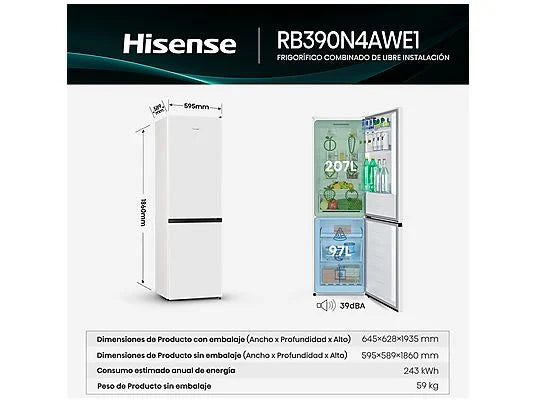 Frigorífico Combi Hisense RB390N4AWE1 - 304L, 186 cm, No Frost, Puerta Reversible, Blanco
