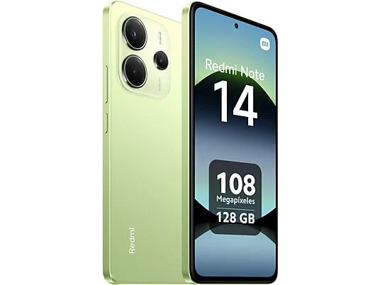 Xiaomi Redmi Note 14 (128 GB) en Verde Lima con 6 GB de RAM, pantalla 6.67" AMOLED FHD+, procesador MediaTek Helio G99-Ultra, y batería de 5500 mAh