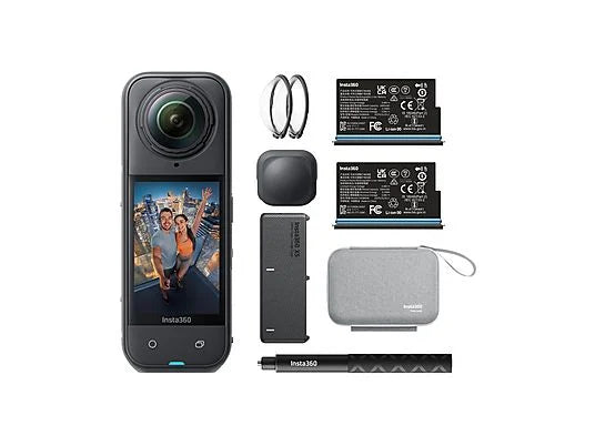 Cámara 360° INSTA360 X5 Esencial - 8K, 72 MP, IP68, 185 min Autonomía, Incluye Selfie Stick y Hub de Carga, Negro