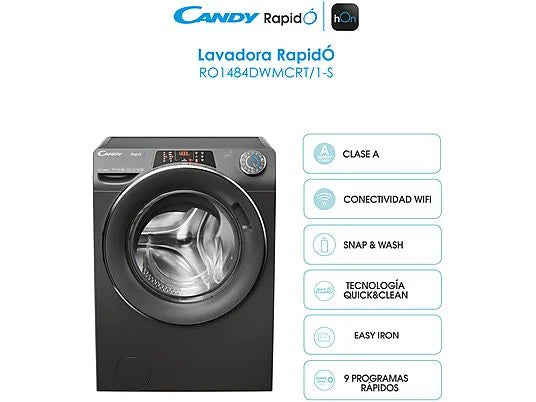 Lavadora Candy RapidÓ RO1484DWMCRT/1-S - 8 kg, 1400 rpm, Clase A, Motor Inverter, Wi-Fi, Antracita