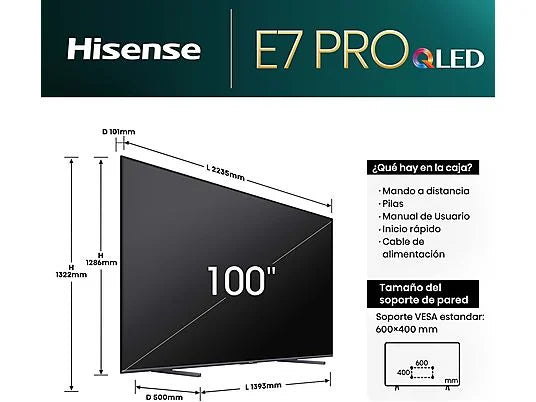 Hisense TV QLED 100" (100E7NQ Pro) con 144Hz, Dolby Vision IQ, Dolby Atmos, y Subwoofer Integrado - Color Negro