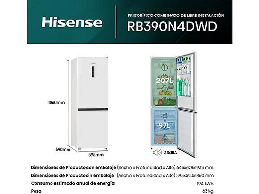 Frigorífico Combi Hisense RB390N4DWD - 304L, 186 cm, No Frost, Multi Air Flow, Blanco