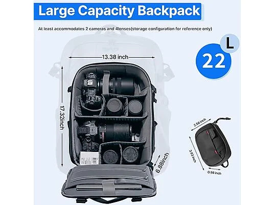 Mochila para cámara ULANZI BP09 - 22L, Soporte Trípode, Portátil 16", Acceso Rápido, Impermeable, Negro