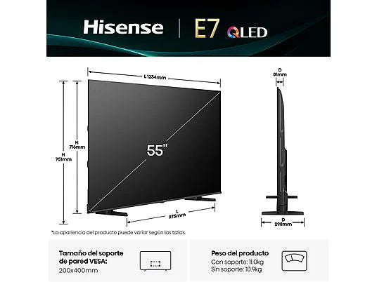Hisense TV QLED 55" 4K UHD (55E7Q) con IA 4K Upscaler, Modo Juego Plus y Sensor de Luz - Color Negro