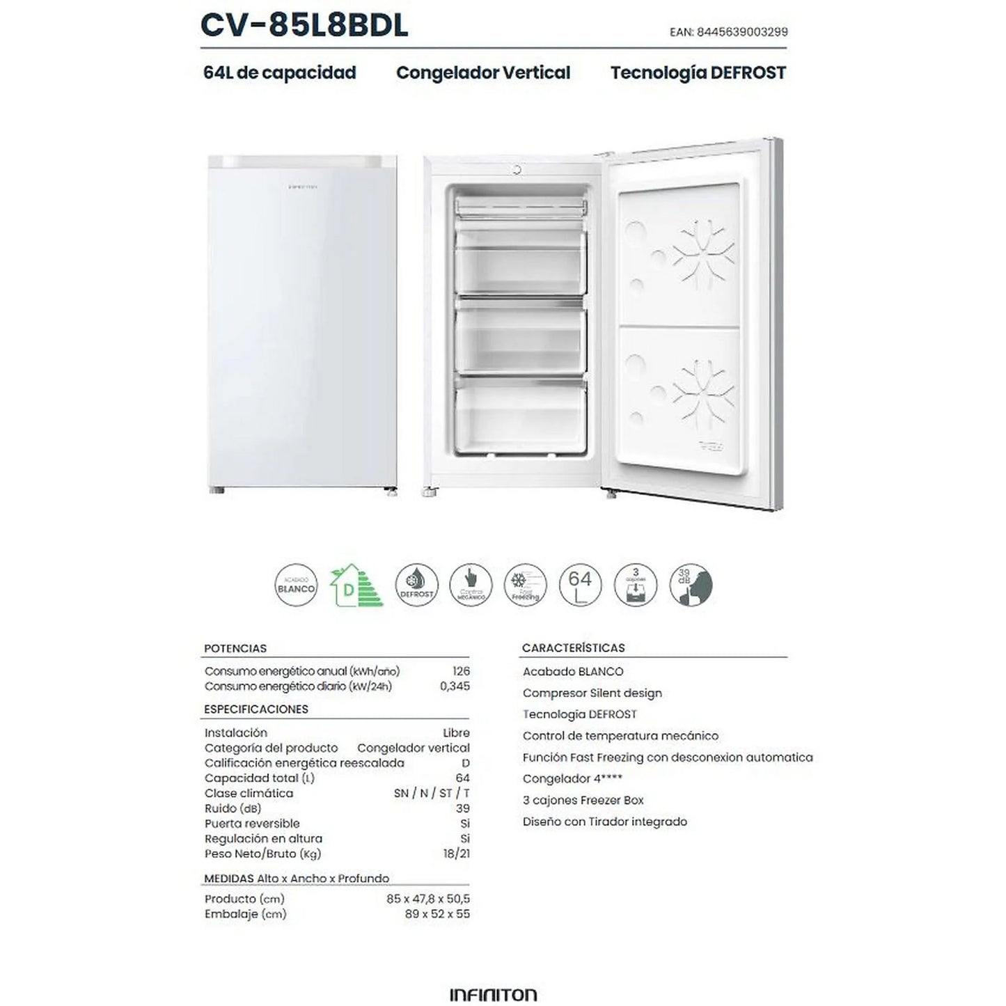 Congelador Vertical INFINITON CV-85L8BDL - 64L, 85 cm Alto, 4 Estrellas, Fast Freezing, Blanco