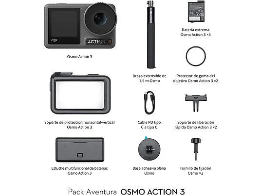 Videocámara deportiva DJI Osmo Action 3 Adventure Combo - 4K, 120 fps, Sumergible 16m, 3 Baterías, Negro