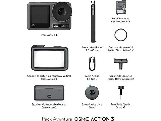 Videocámara deportiva DJI Osmo Action 3 Adventure Combo - 4K, 120 fps, Sumergible 16m, 3 Baterías, Negro