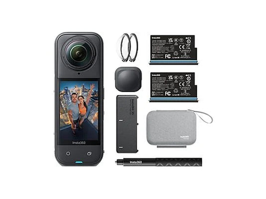 Cámara 360° INSTA360 X5 Esencial - 8K, 72 MP, IP68, 185 min Autonomía, Incluye Selfie Stick y Hub de Carga, Negro