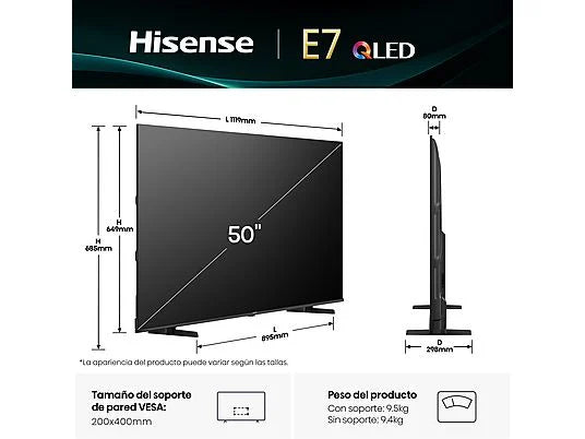 Hisense TV QLED 50" 4K UHD (50E7Q) con IA 4K Upscaler, Modo Juego Plus y Sensor de Luz - Color Negro