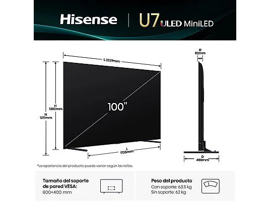 Hisense TV Mini LED 100" 4K UHD (100U7Q) con Subwoofer Integrado, 144 Hz, Hi-View IA Pro, Dolby Vision IQ y Dolby Atmos - Color Negro
