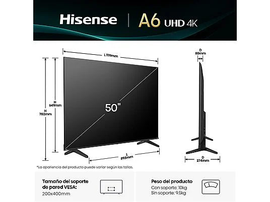 Hisense TV LED 50" 4K UHD (50A6Q) con IA 4K Upscaler, Modo Juego Plus, y Control por Voz - Color Negro