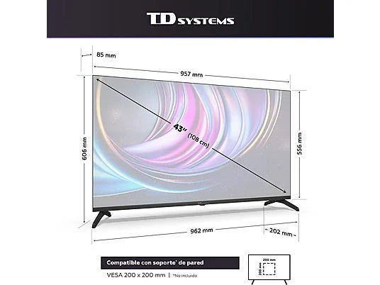 TD SYSTEMS TV DLED 43" 4K UHD (M43C21GLE) con Smart TV, Google TV, y Control por Voz (Hey Google) - Color Negro
