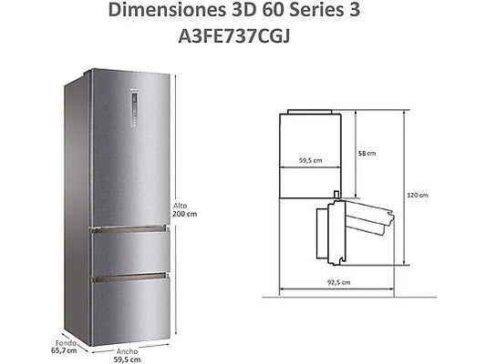Frigorífico Combi Haier A3FE737CGJ - 371L, 200 cm Alto, No Frost, Motor Inverter, Cajones MyZone, Inox Antihuellas