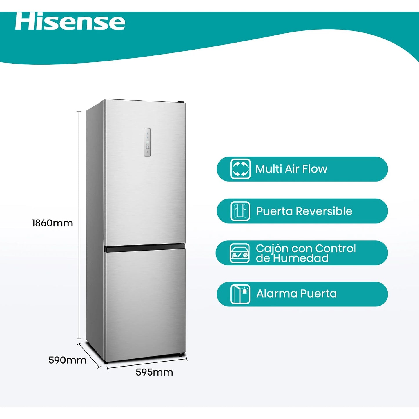 Frigorífico Combi Hisense RB390N4CCD - 304L, 186 cm Alto, No Frost, Compresor Inverter, Inox