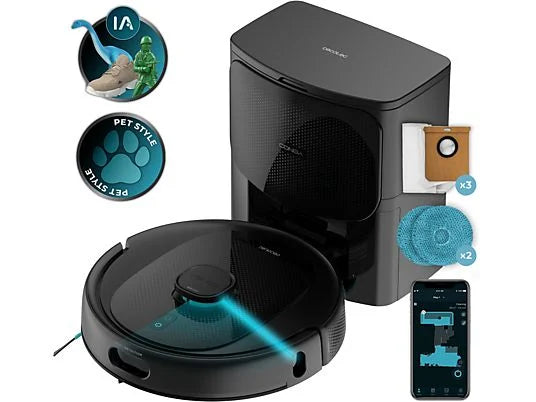 Robot Aspirador y Fregasuelos Cecotec Conga 9990 AI Spin Revolution - 4 en 1, 10000 Pa, Mopas Giratorias, Base de Autovaciado, Negro