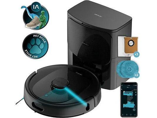 Robot Aspirador y Fregasuelos Cecotec Conga 9990 AI Spin Revolution - 4 en 1, 10000 Pa, Mopas Giratorias, Base de Autovaciado, Negro